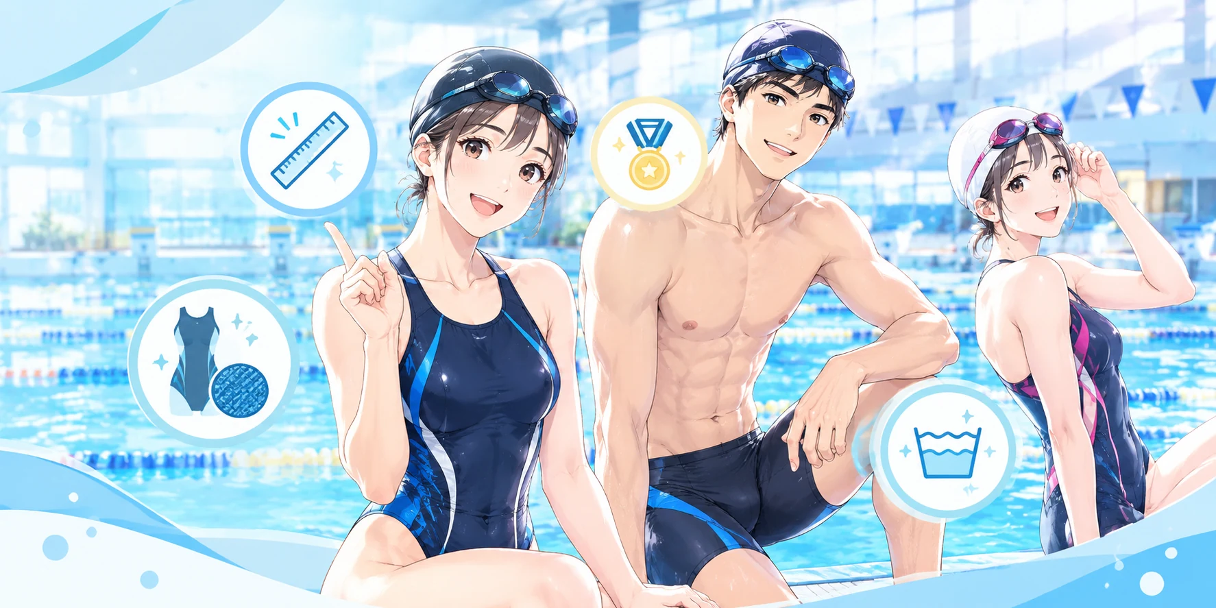 競泳水着の選び方を楽しく学ぶアニメ風イラスト